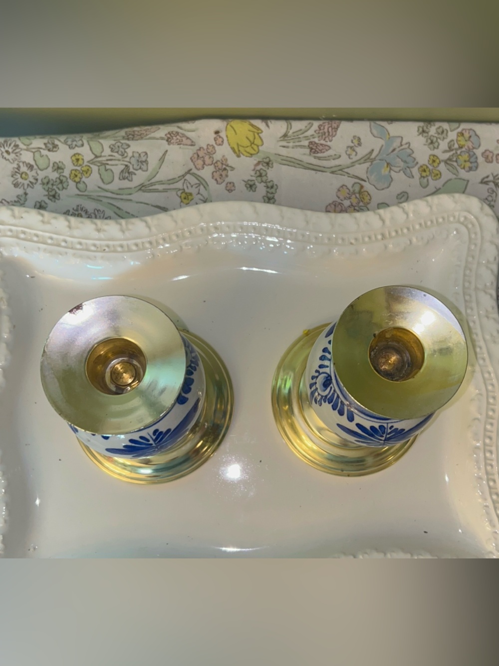 Brass and Blue Floral Globe Candle Holders - Set of 2 - Picture 5 of 11